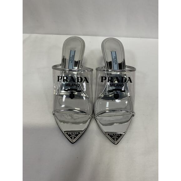 Prada Logo Clear Slide Silver Leather Sandal Size 6 - Picture 4 of 5